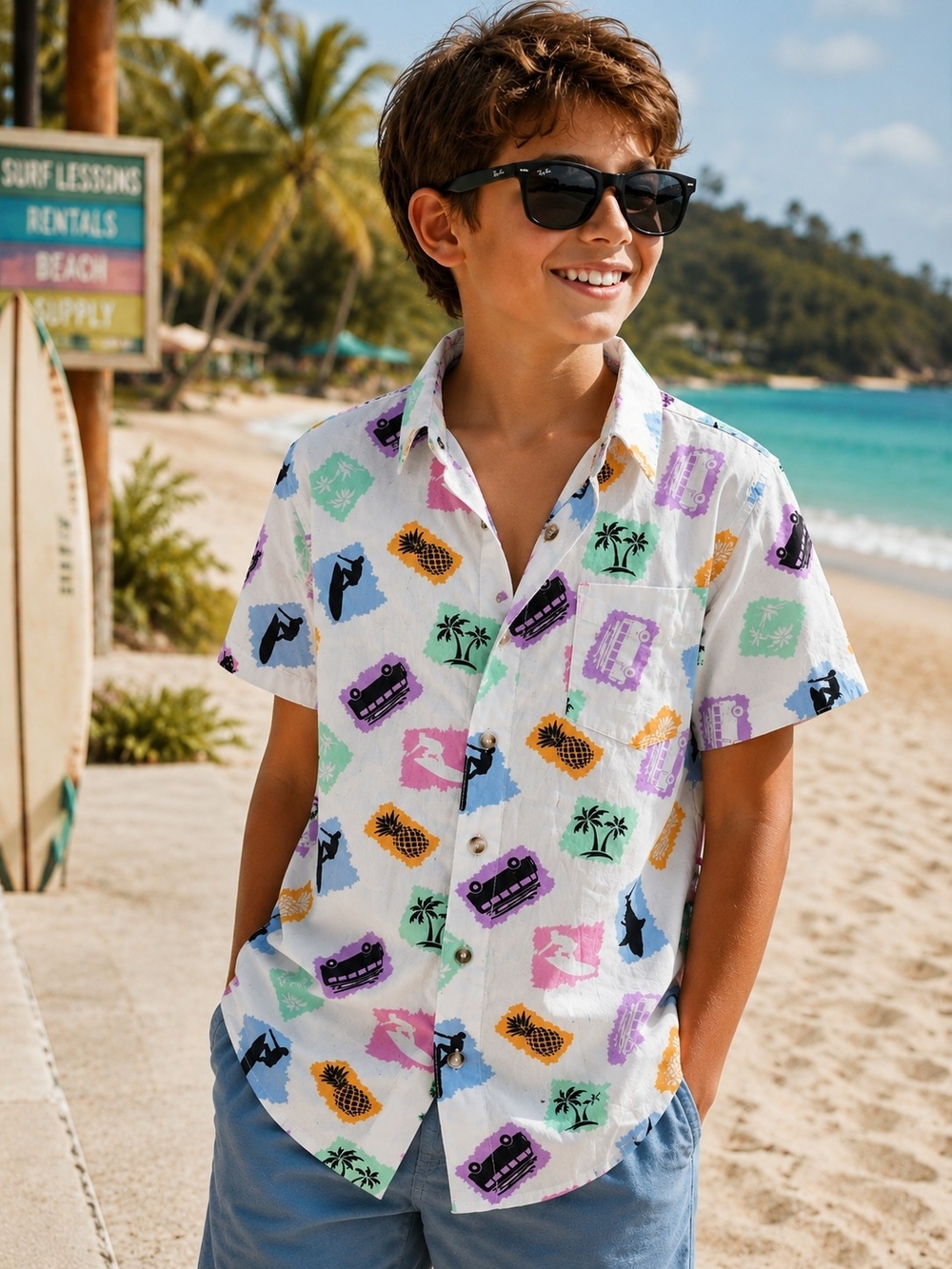 Falls Creek Tropical Surf Button-Up Shirt Boys L 10/12